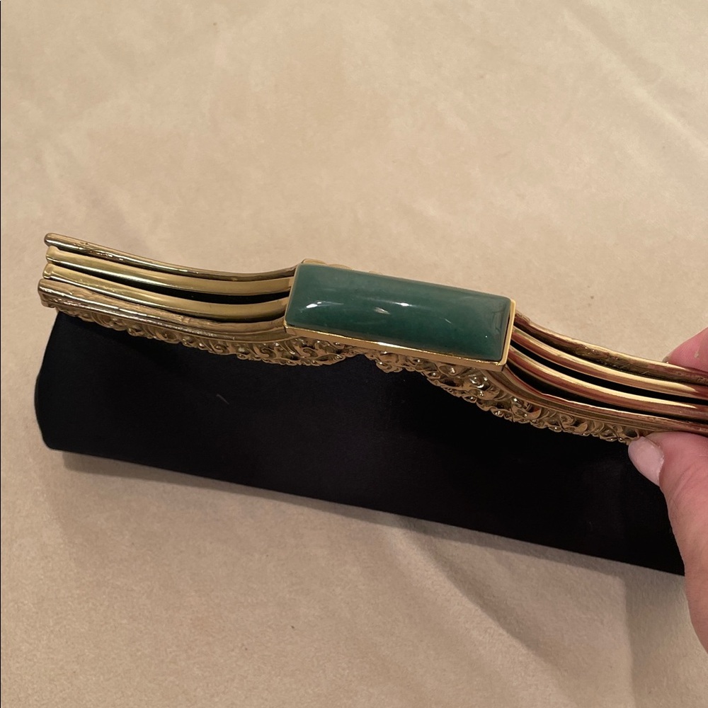 Natori  green stone Black Clutch with Gold Embellishments - Picture 3 of 6